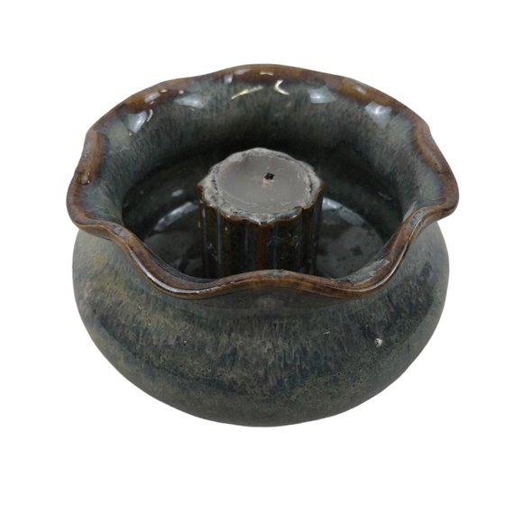 Studio Pottery Single Candlestick Holder Bowl Blue Fluted Edge Hand Signed BAY - Picture 10 of 10